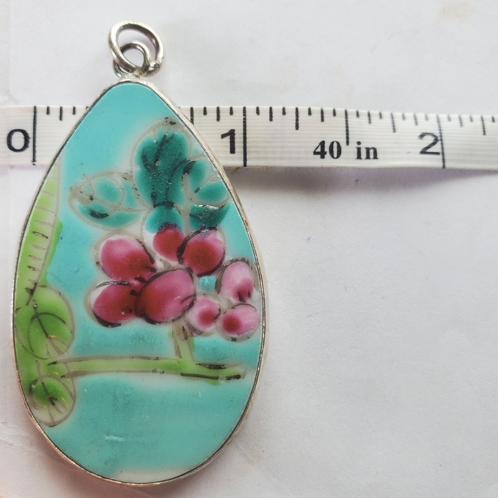 Vintage Turquoise Cloisonne Enamel Floral Teardrop Pottery Shard Pendant Focal‎ - Picture 8 of 10